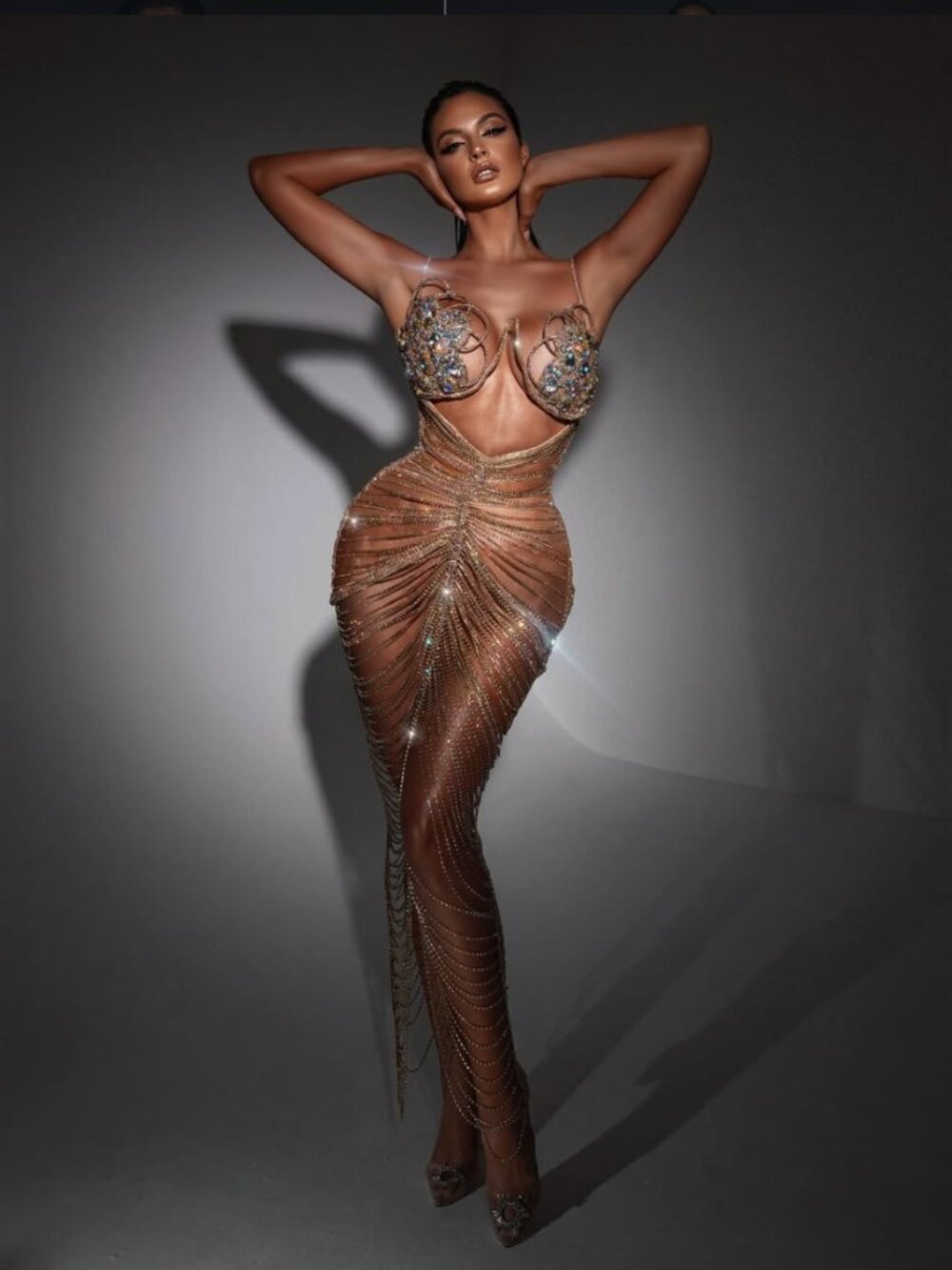 LENA BERISHA Custom Haute Couture Chain-Fringe Corset Bodysuit Dress $5000 MSRP
